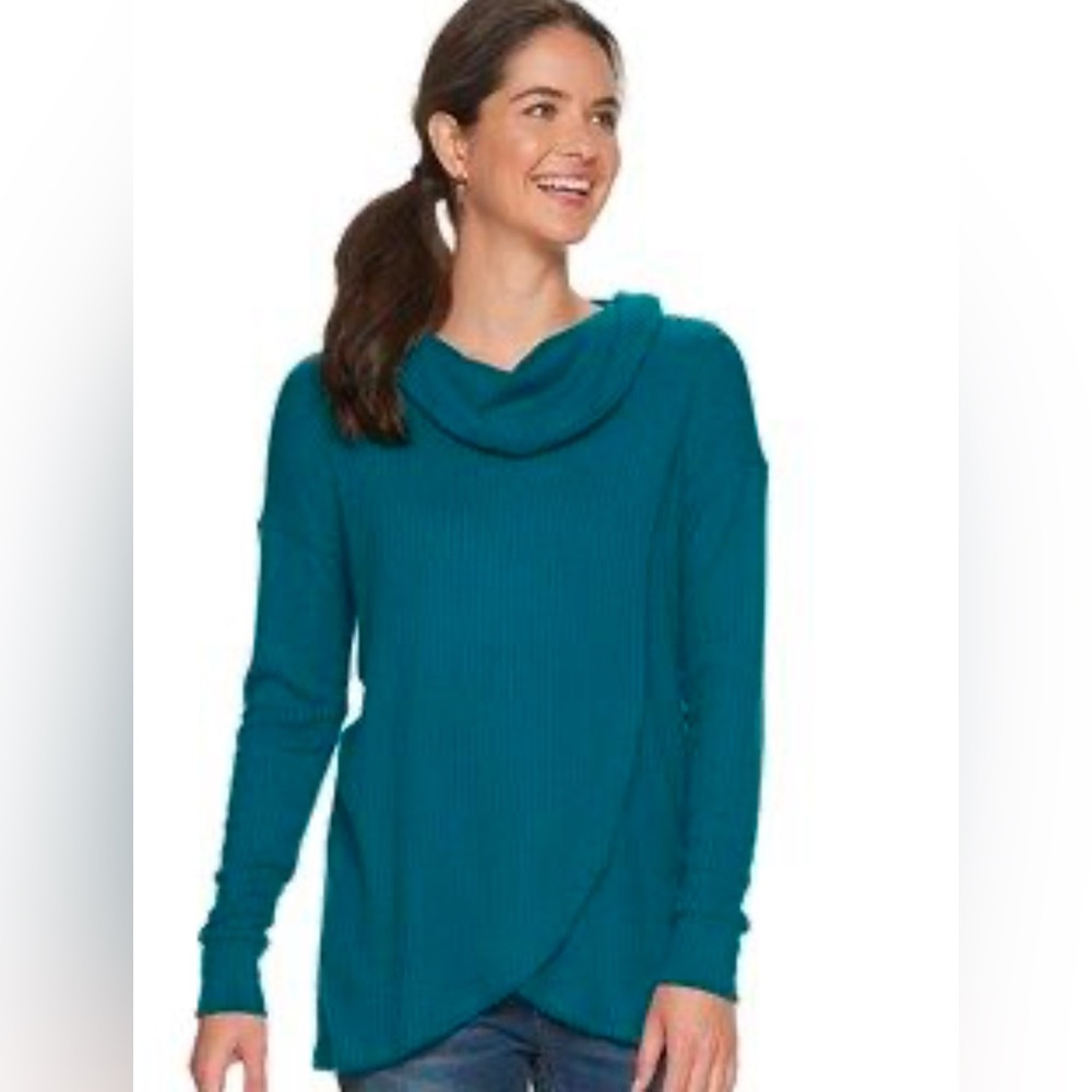 Teal nursing tulip front cowl sweater